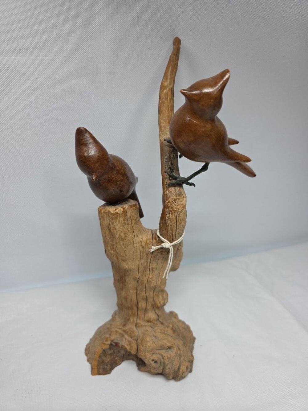 Folk Art Carved Wood Birds Perched on Tree Branches Signed on Bottom